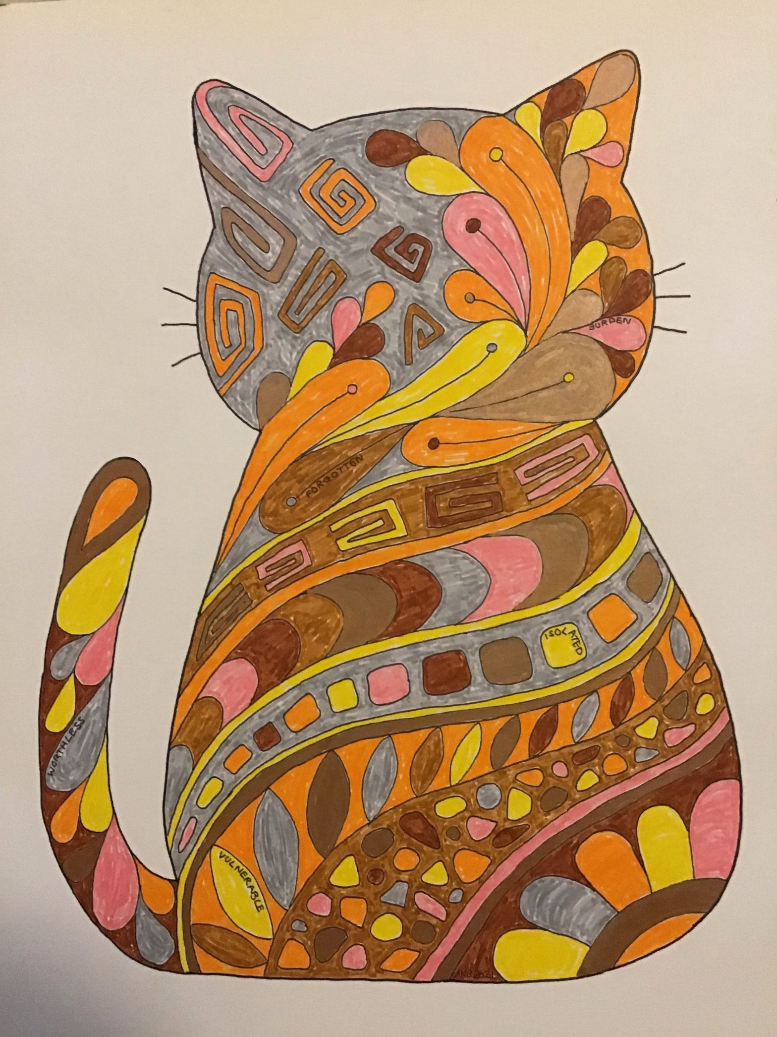 Image of 'Clinical Frailty Scale'. A a4 pen drawing of the back of a cat, with various swirls and colours making up the fur and shape of the feline. Colours include muted oranges, browns, pinks and greys. Within the shapes, quite small are the words, 'burden', 'worthless', 'isolated' and 'forgotten'.
