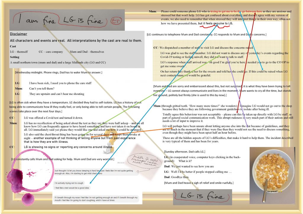 Image of a play script, mounted in a frame, with various drawings, comments, markings and lines upon it. and lines