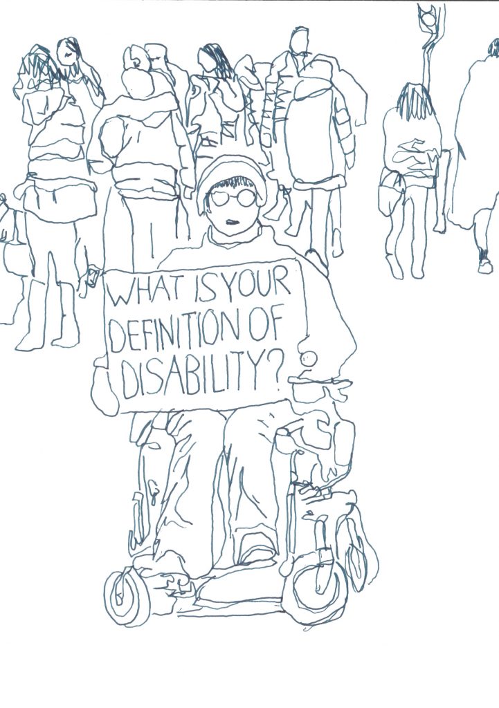 Line drawing of a person holding a sign 'what's your defination of disability?'.